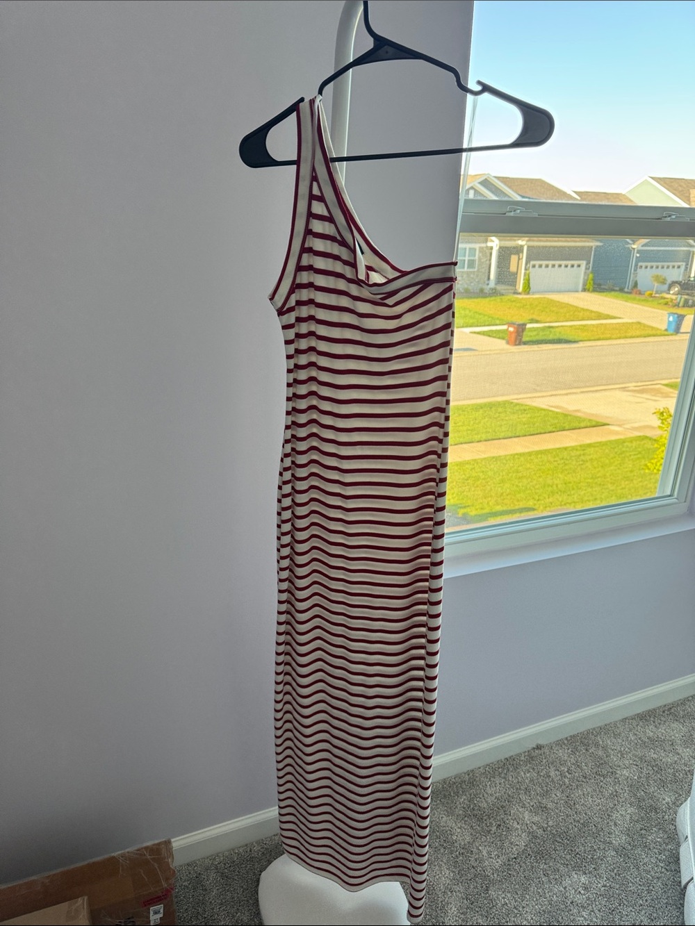 Vici One-Shoulder Burgundy and White Striped Maxi Dress